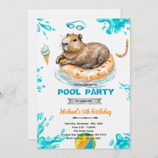 Capybara Pool Party Birthday Invitation (Devant / Derrière)