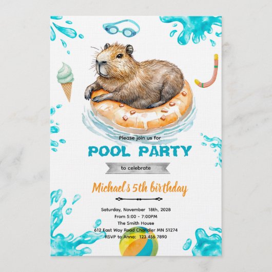 Capybara Pool Party Birthday Invitation (Devant)
