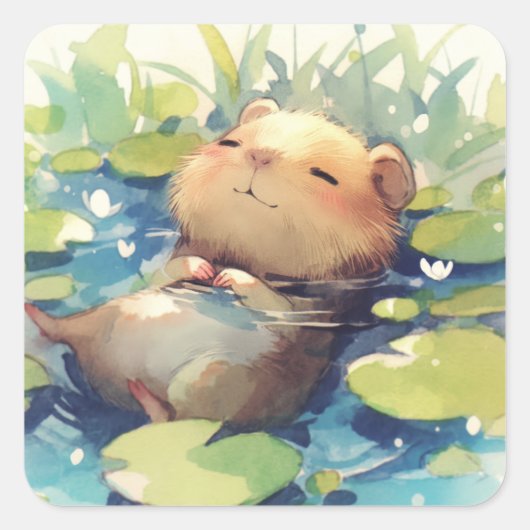 Capybara Rustig Water Vierkante Sticker (Voorkant)