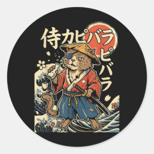 Capybara Samurai Kat Japanse Esthetiek Ukiyo-e Ronde Sticker