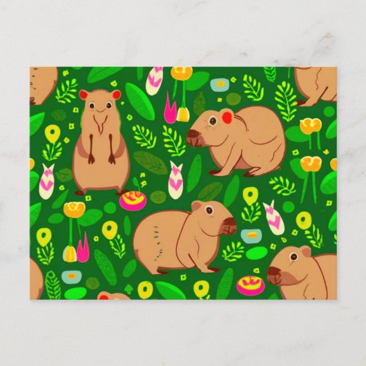 Capybara Schets met Lente Bloemen op Groen Briefkaart (Voorkant)