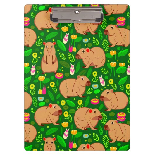 Capybara Schets met Lente Bloemen op Groen Klembord (Voorkant)