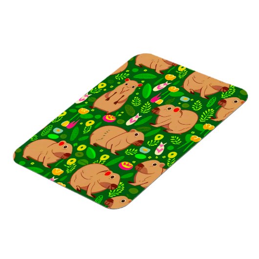 Capybara Schets met Lente Bloemen op Groen Magneet (Linkerzijde)