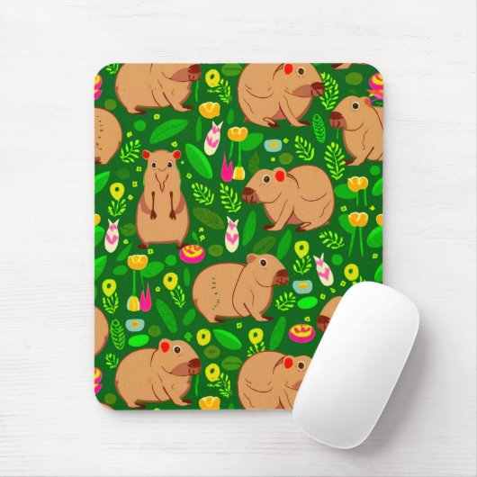Capybara Schets met Lente Bloemen op Groen Muismat (Met muis)