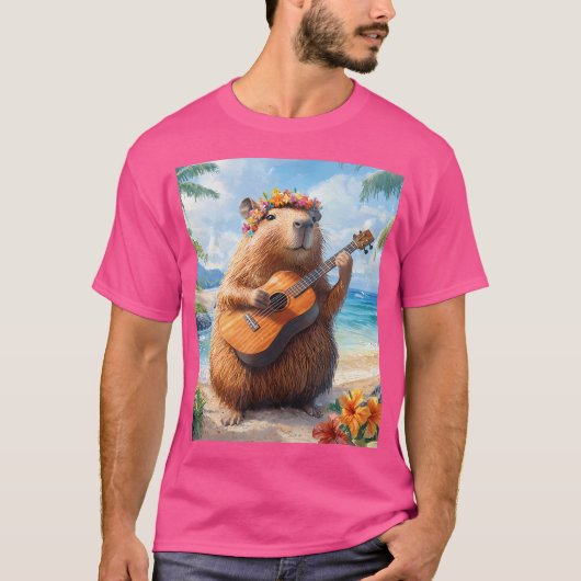 Capybara speelt gitaar Ukulele Beach Hawaii Grappi T-shirt (Voorkant)
