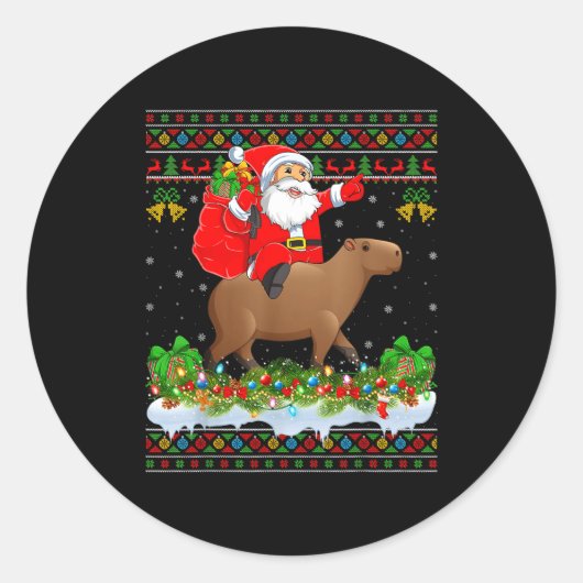 Capybara Xmas Pajamas Ugly Santa Riding Capybara C Ronde Sticker (Voorkant)