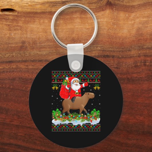 Capybara Xmas Pajamas Ugly Santa Riding Capybara C Sleutelhanger (Voorkant)