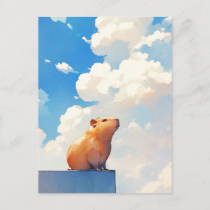 Capybara zittend onder blauwe lucht en witte wolke briefkaart