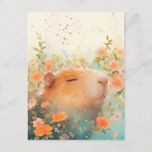 Capybara zwemt in perzik wilde bloemen vijver briefkaart