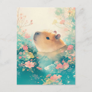 Capybara Zwemt in Roze Wildebloemen Vijver Briefkaart