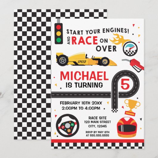 Car Racing  Birthday kid Invitation Kaart (Voorkant / Achterkant)