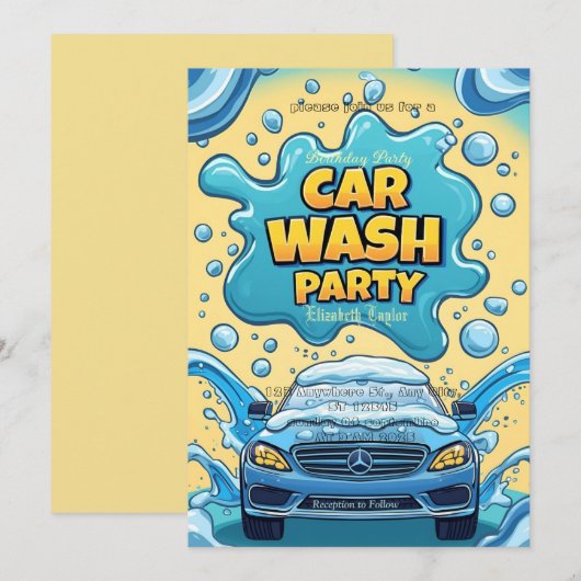 Car Wash party Invitation – Suds  Celebration Kaart (Voorkant / Achterkant)