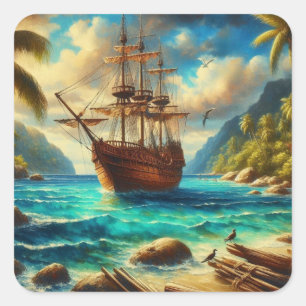 Caraïbisch/tropisch strandschip kunst vierkante sticker