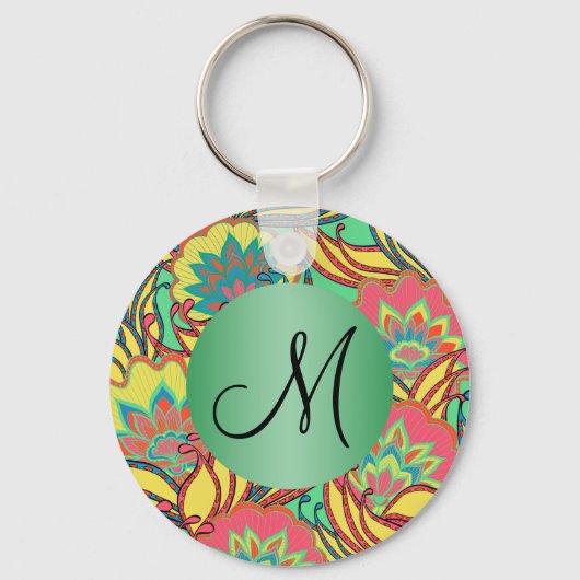 Caraïbische kleuren Boho Floral Monogrammed Sleutelhanger (Voorkant)