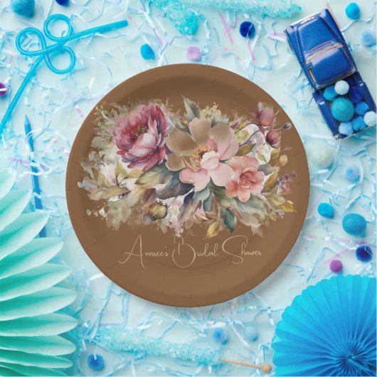 Caramel Bruin Roze Perzik Bourgogne Bloemendouche Papieren Bordje (Feest)