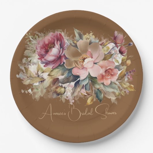 Caramel Bruin Roze Perzik Bourgogne Bloemendouche Papieren Bordje (Voorkant)