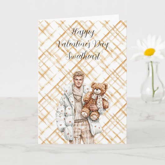 Caramel Valentijnsdag Man Teddybeer Kaart (Kleine Plant)
