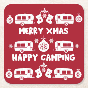 Caravan Happy Kerstmis Camping Vierkante Kartonnen Onderzetter