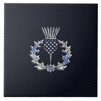 Carbon Fibre Print Silver Scottish Thistle Tegeltje