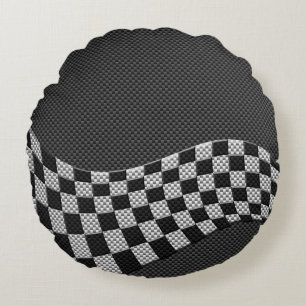 Carbon Fibre Style Racing Flag Checkers Wave Print Rond Kussen