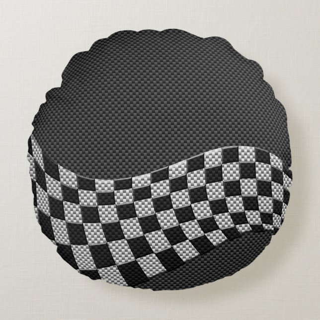 Carbon Fibre Style Racing Flag Checkers Wave Print Rond Kussen (Voorkant)