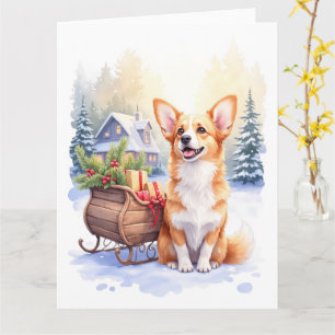 Cardigan Welsh Corgi Festieve slee Kerstmis Kunst Kaart