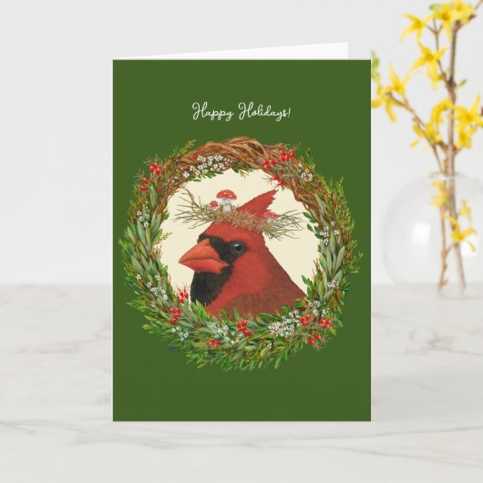 Cardinal avec la carte de vacances toadstool (Fleur jaune)