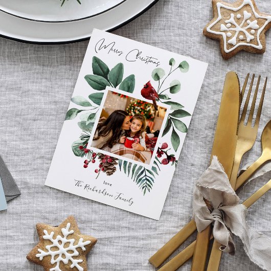 Cardinal Bird & Pine Joyeux Carte photo de Noël