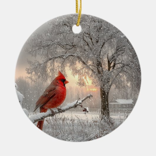 Cardinal On a Snowy Branch Ceramic Circle Ornament (Voorkant)