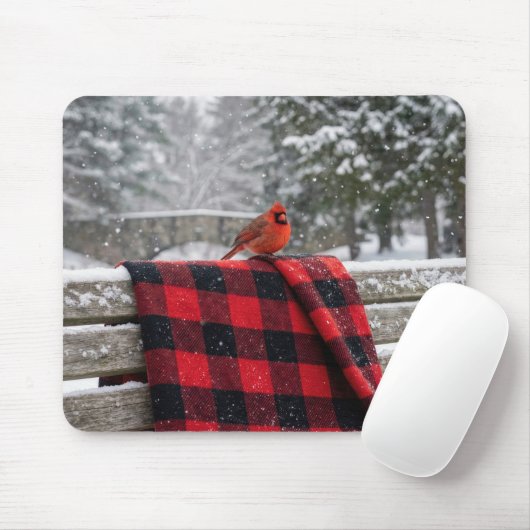Cardinal On a Snowy Plaid Blanket Muismat (Met muis)