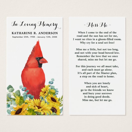 Cardinal Sunflowers Memorial - Carte de prière fun (Devant & derrière)