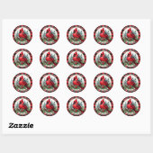 Cardinal with Holly & Buffalo Plaid Background Ronde Sticker (Vel)