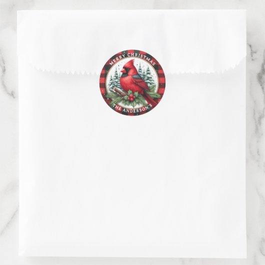 Cardinal with Holly & Buffalo Plaid Background Ronde Sticker (Tas)