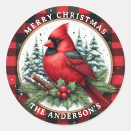 Cardinal with Holly & Buffalo Plaid Background Ronde Sticker