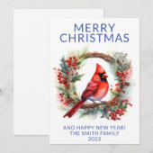 Cardinal Wreath Blue Holiday Kaart (Voorkant / Achterkant)