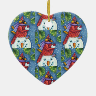 CARDINALE GARING SNOWMAN, CUTE CHRISTMAS REDBIRD KERAMISCH ORNAMENT