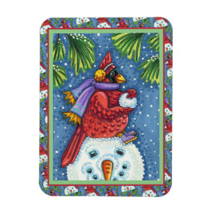 CARDINALE GARING SNOWMAN, CUTE CHRISTMAS REDBIRD MAGNEET