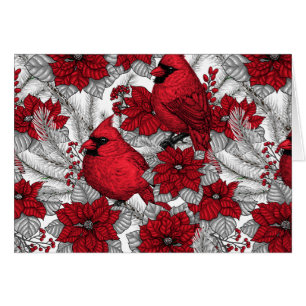 Cardinals and poinsettia in red and white