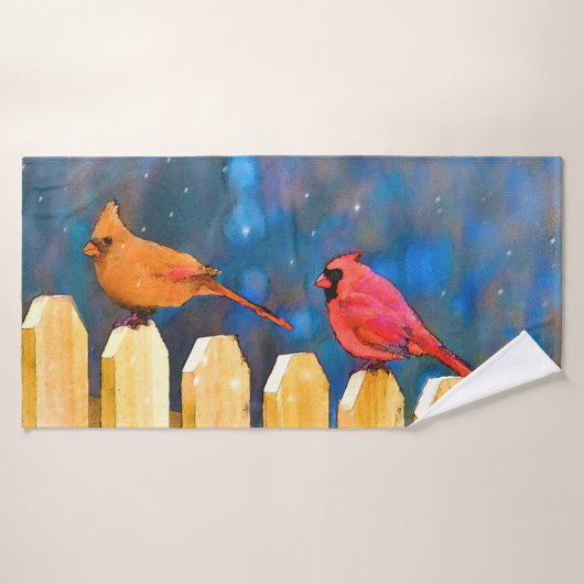 Cardinals on the Fence Painting - Art original (Serviette de bain)