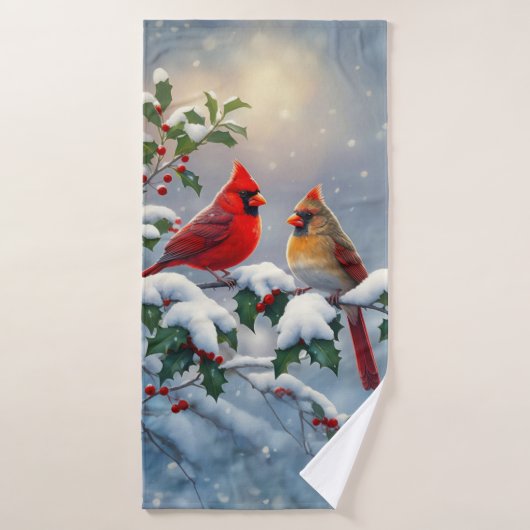 Cardinaux rouges et Holly en neige (Serviette de bain)