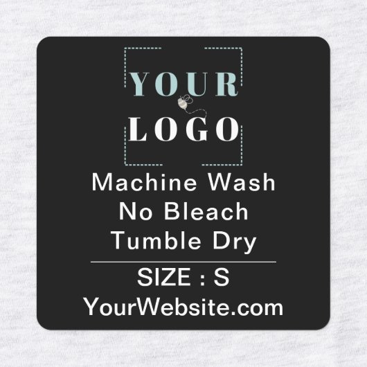 Care Instructions and Size Square Black Clothing Labels (Design 1)