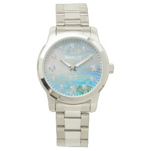 Caribbean Blue Agaat Diamond Dial Aangepast Horloge