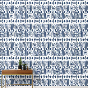 Caribbean Tribal Mudcloth: Blauw en Wit Behang
