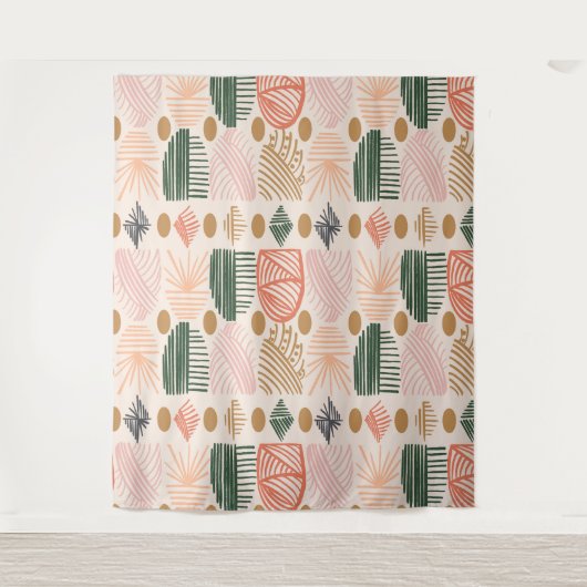 Caribbean Tribal Mudcloth: Boho Donkergroen, Roze Wandkleed (Voorkant)