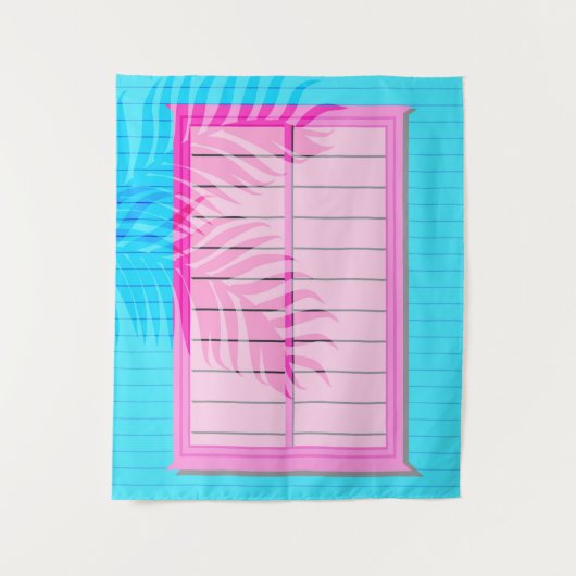 Caribbean Vibes Roze en Blauw Venster Shutters Wandkleed (Voorkant)