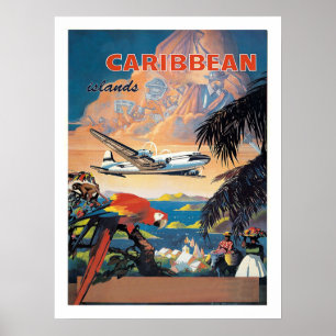 Caribische eilanden per vliegtuig, luchtvaartmaat poster