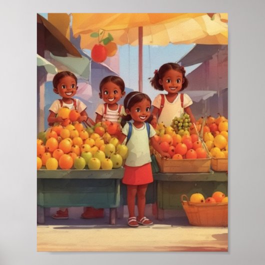 Caribische fruitmarkt met kinderen poster (Voorkant)