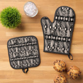 Caribische Tribal Mudcloth: Zwart, Wit, Ovenwant & Pannenlap Set (Top down)