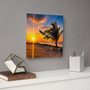 Caribische Zonsondergang Palmboom Wandklok Vierkante Klok