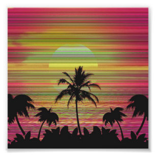 Caribische Zonsondergang Vaporwave Esthetiek Retro Foto Afdruk